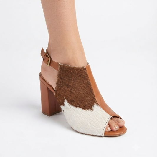 Monochrome Natural Cowhide Block Heel Sandal