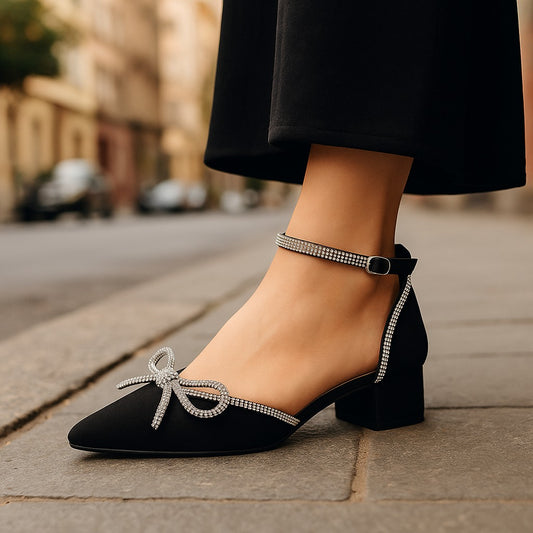 Mid-Heel Shoe with Sparkling Embellishments and Ankle Strap