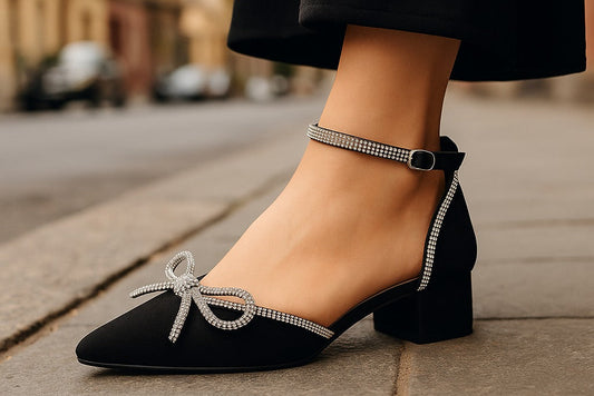 Mid-Heel Shoe with Sparkling Embellishments and Ankle Strap