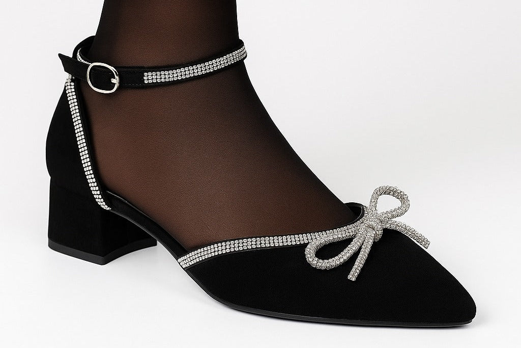 Mid-Heel Shoe with Sparkling Embellishments and Ankle Strap