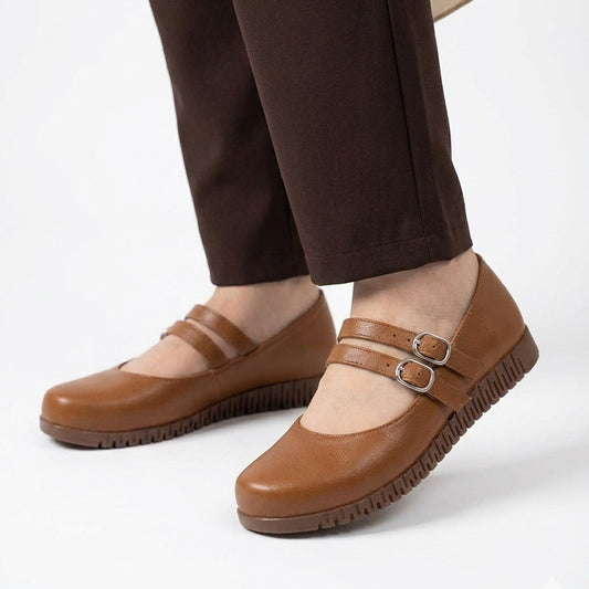 Double-Strap Leather Mary Jane Flats.