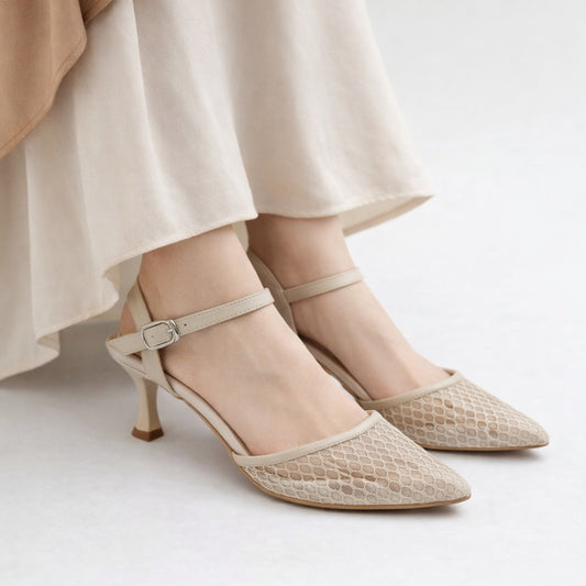 Mesh Pointed-Toe Ankle Strap Kitten Heels.