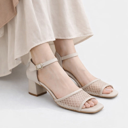 Mesh Strap Block Heel Sandals.