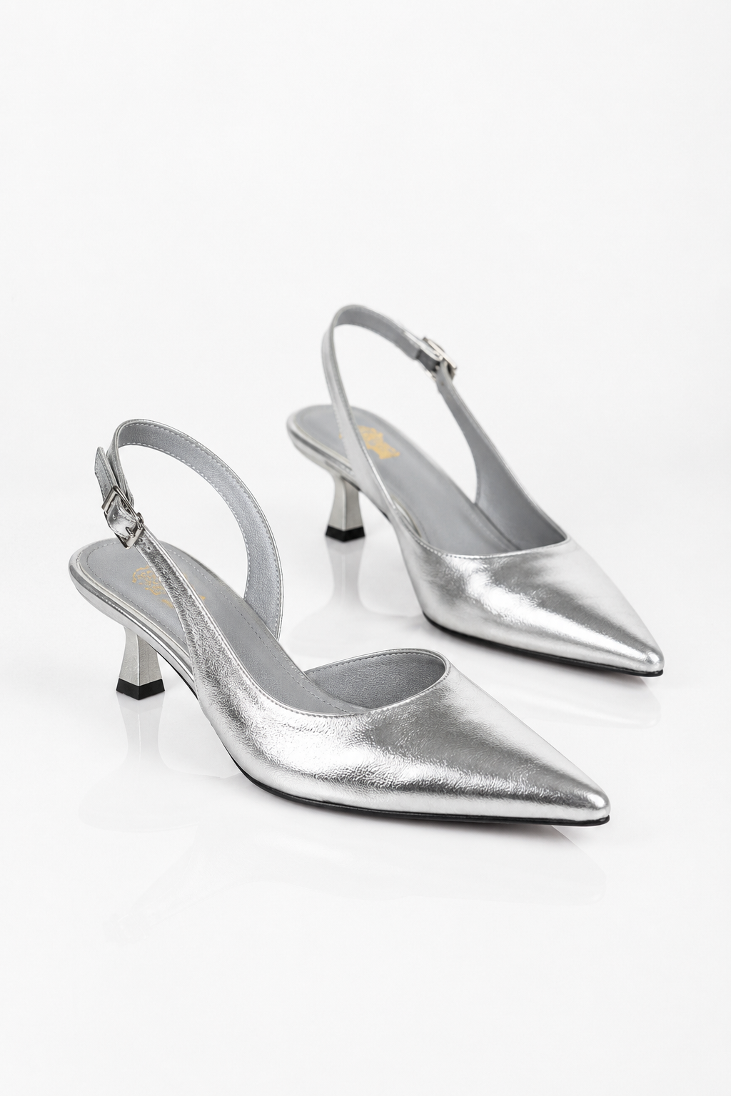Metallic Silver Pointed-Toe Slingback Kitten Heels