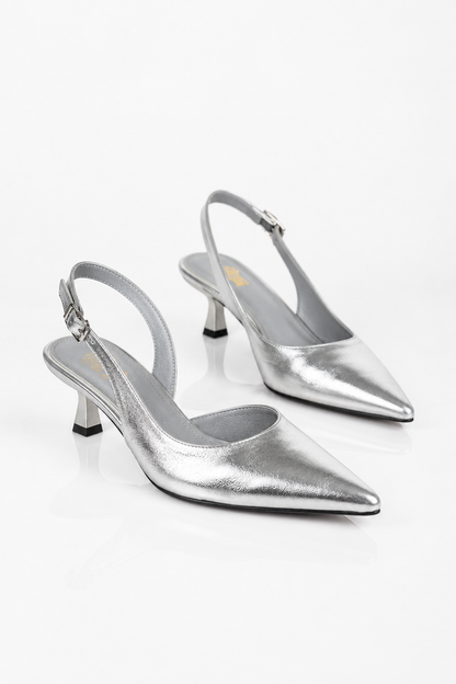 Metallic Silver Pointed-Toe Slingback Kitten Heels