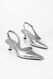 Metallic Silver Pointed-Toe Slingback Kitten Heels