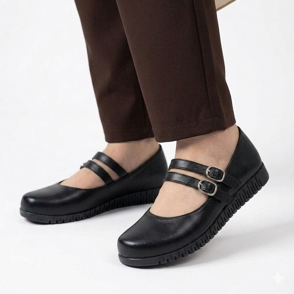 Double-Strap Leather Mary Jane Flats.
