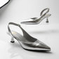 Metallic Silver Pointed-Toe Slingback Kitten Heels