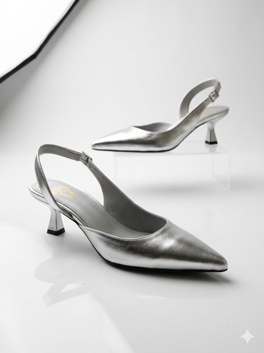 Metallic Silver Pointed-Toe Slingback Kitten Heels