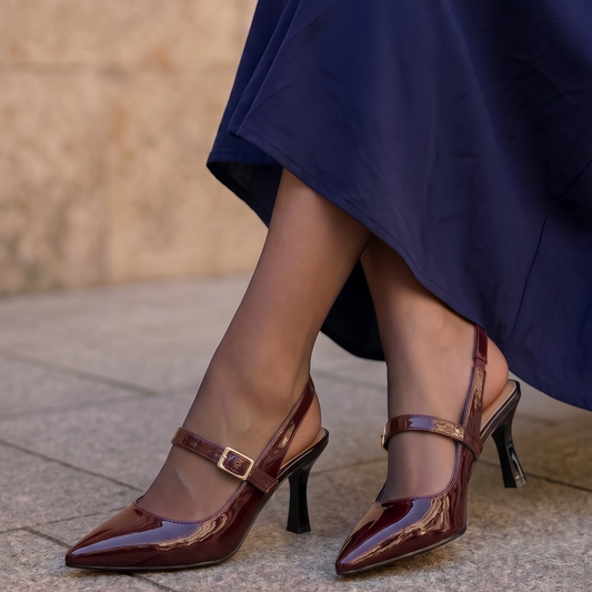 Elegant Burgundy Patent Sky Leather Slingback Pumps