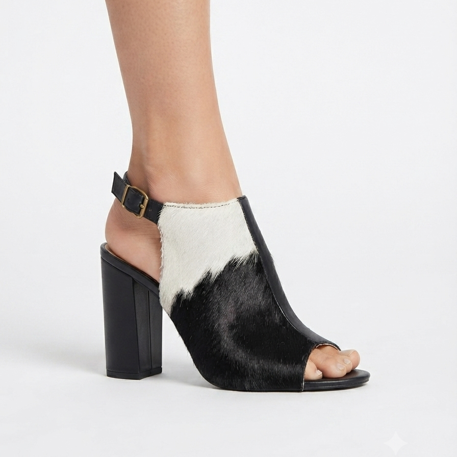 Monochrome Natural Cowhide Block Heel Sandal