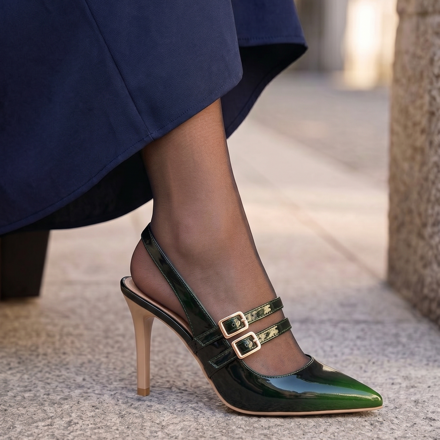 Classic Pointed-Toe Double Buckle Slingback Pumps