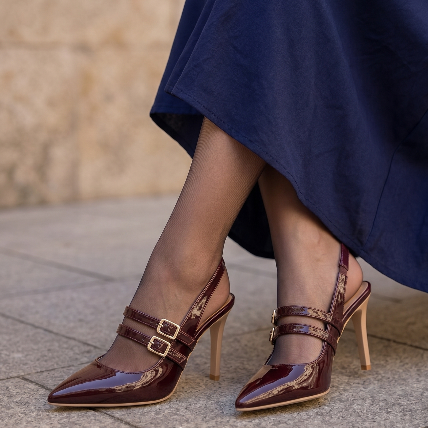 Classic Pointed-Toe Double Buckle Slingback Pumps