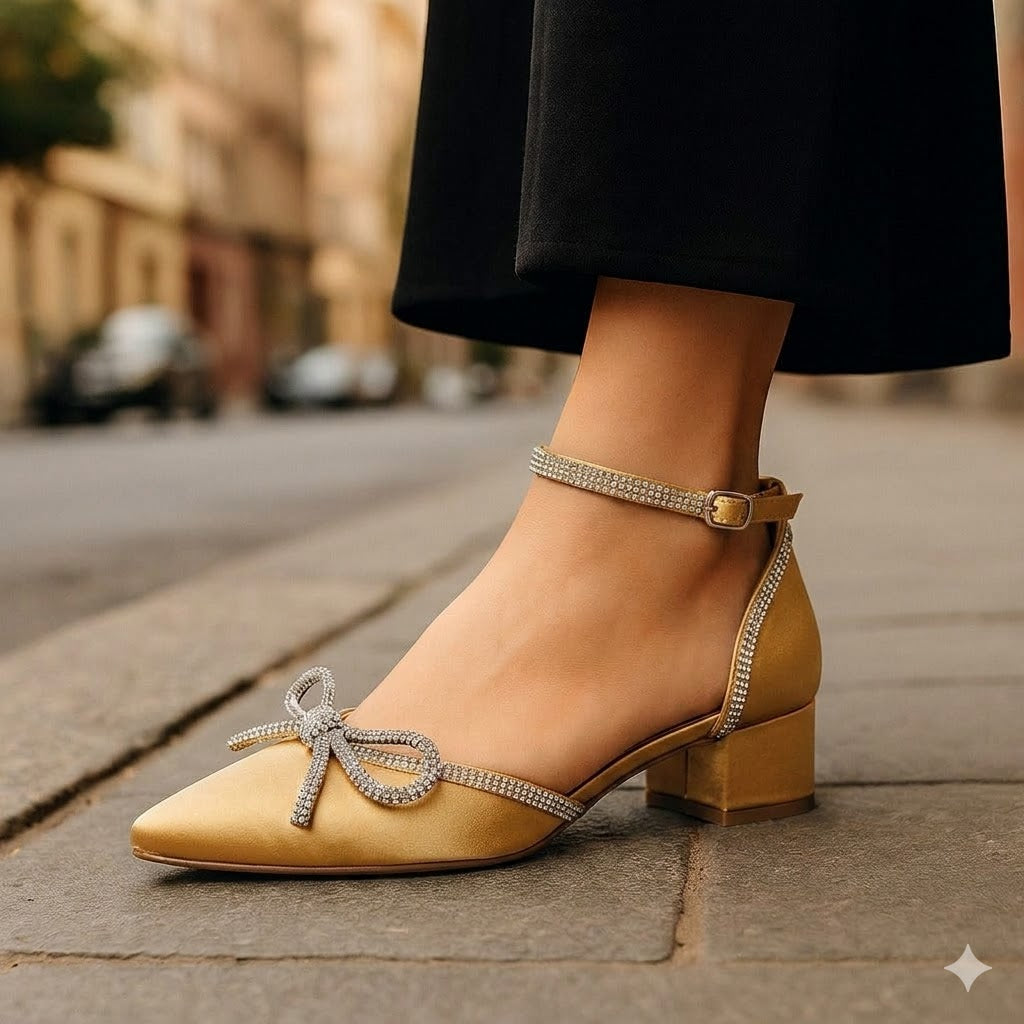 Mid-Heel Shoe with Sparkling Embellishments and Ankle Strap